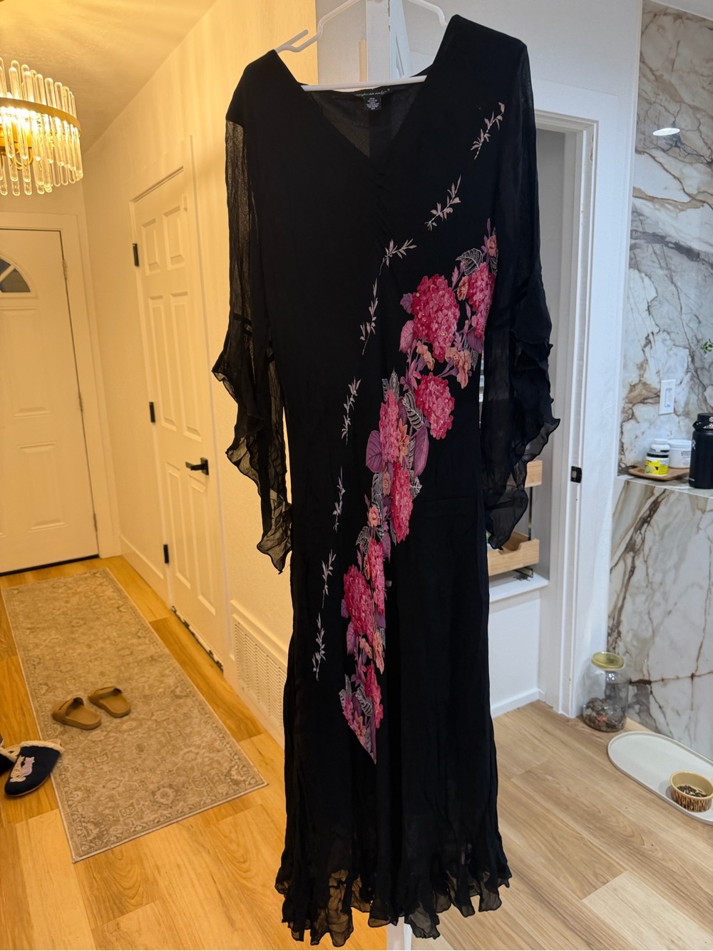 Black Floral V-Neck Maxi Dress with Pink Embroidery